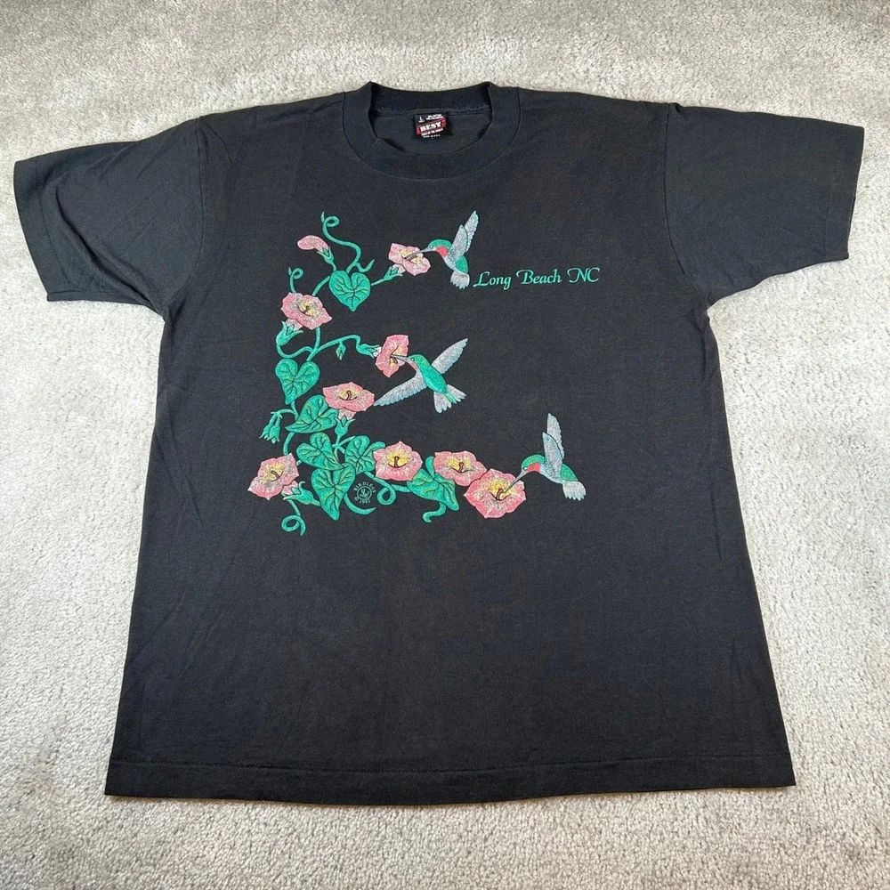 Vintage 90s FOTL T-Shirt Mens L Black 1992 Hummingbird Long Beach NC Graphic USA